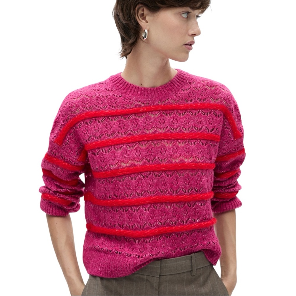 Mango Fuchsia and Red Striped Sweater